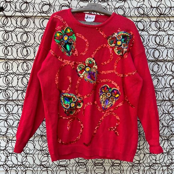 Vintage Sweaters - Vintage Joyce red gaudy sequin ornament Mardi Gras sweater